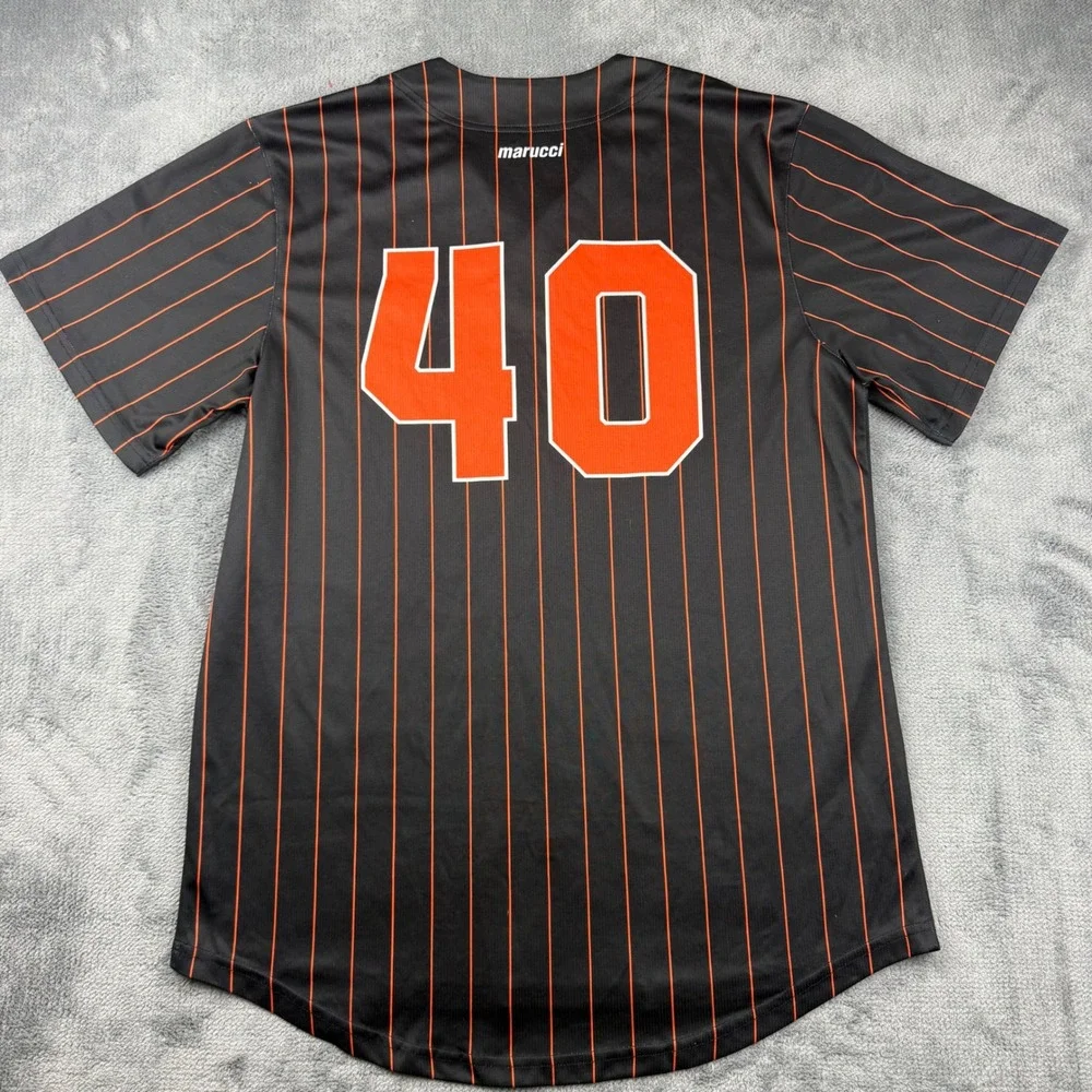 Marucci Mens Catholic Baseball Jersey Black Orange Pinstripe Button Up Size M 40 - Picture 6 of 6